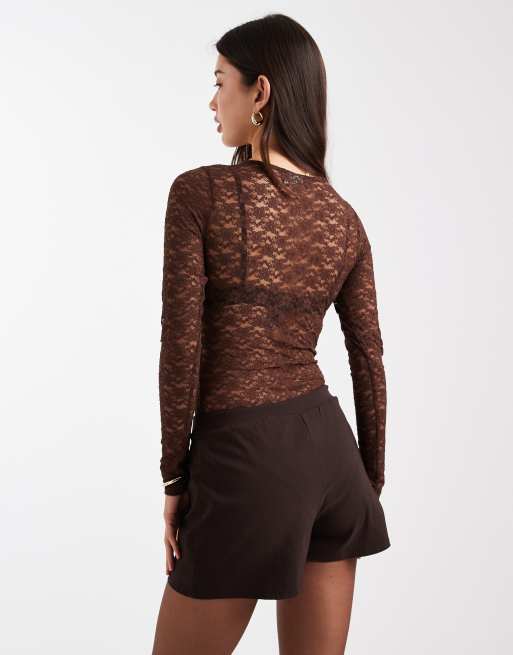 ASOS DESIGN lace sheer long sleeve bodysuit in chocolate, 2 of 4