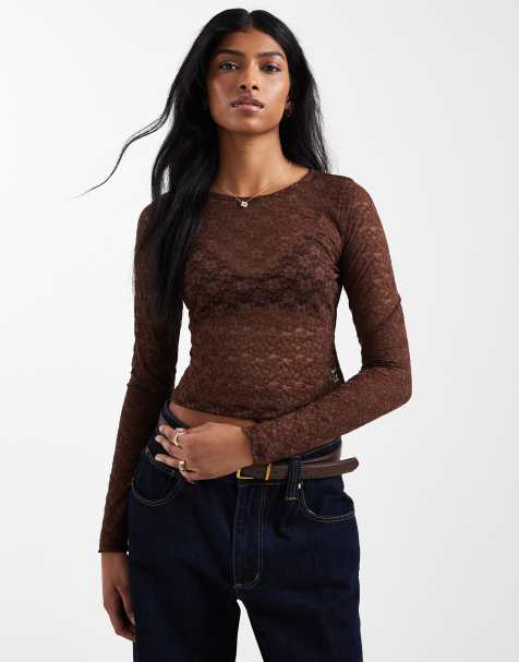 ASOS DESIGN lace sheer long sleeve crop top in chocolate - view 1