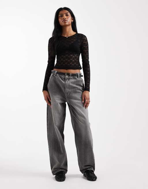 ASOS DESIGN lace sheer long sleeve cropped top in black, 2 of 4