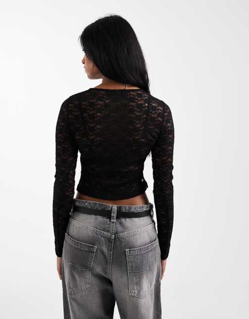 ASOS DESIGN lace sheer long sleeve cropped top in black, 3 of 4