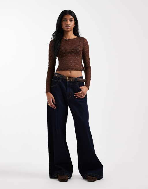 ASOS DESIGN lace sheer long sleeve cropped top in chocolate ASOS