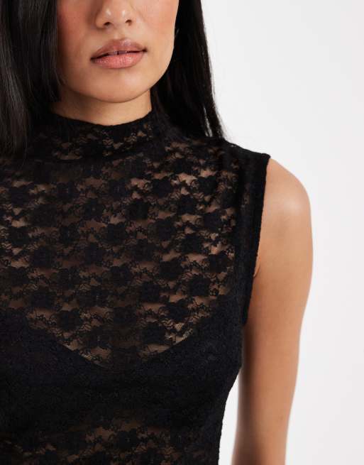 ASOS DESIGN lace sheer longline tank top in black, 4 of 4