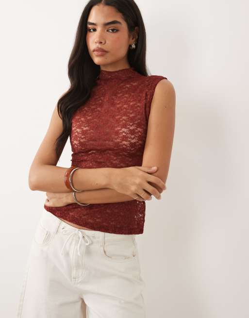 ASOS DESIGN lace sheer longline tank top in rust, 3 of 4