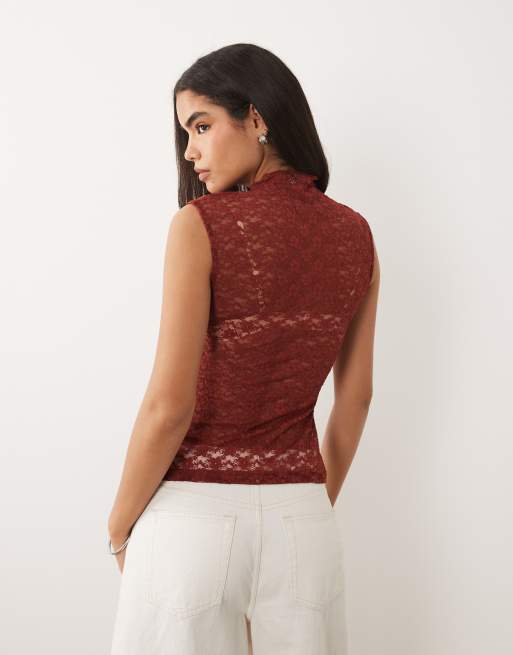 ASOS DESIGN lace sheer longline tank top in rust, 4 of 4