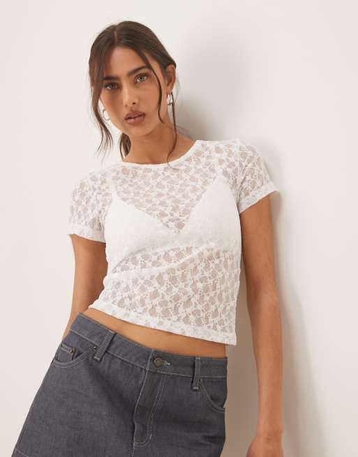 ASOS DESIGN lace sheer short sleeve baby tee in white