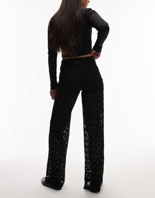 ASOS DESIGN lace sheer wide leg pants in black, 2 of 5