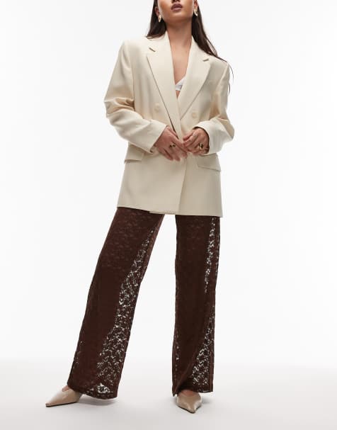 ASOS DESIGN lace sheer wide leg pants in chocolate - view 1