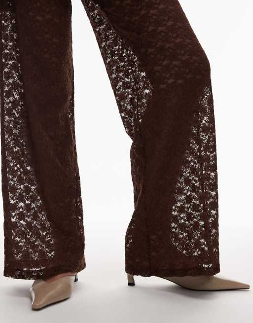ASOS DESIGN lace sheer wide leg pants in chocolate, 5 of 5
