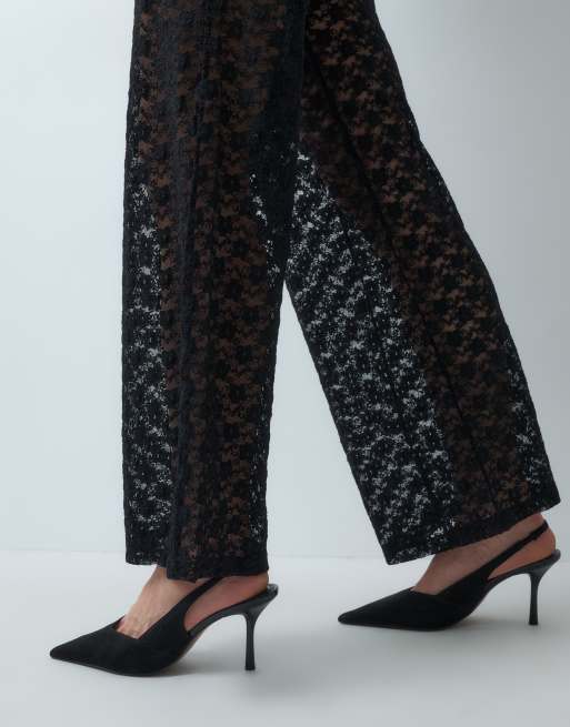ASOS DESIGN lace sheer wide leg trouser in black, 4 of 5