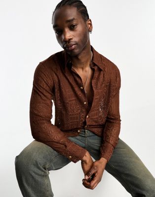 ASOS DESIGN lace shirt with 70s collar in brown - ASOS Price Checker