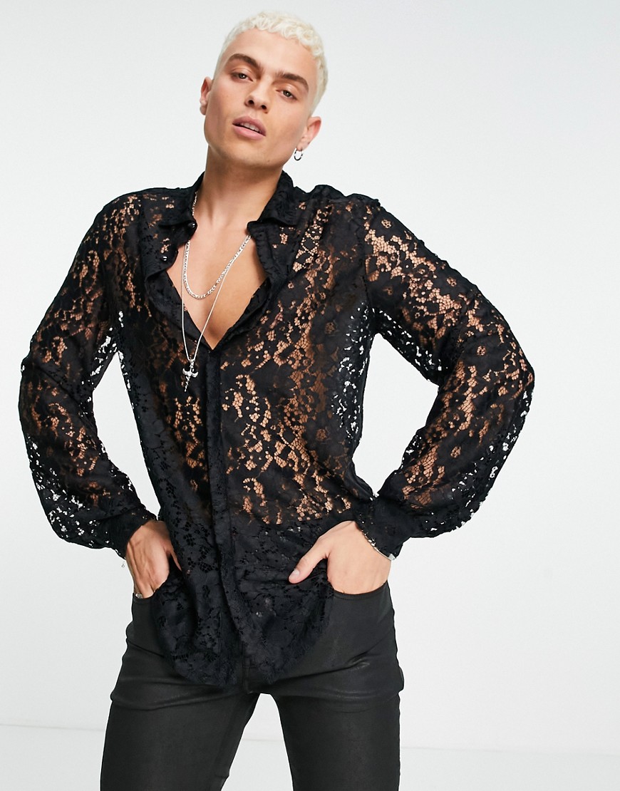 ASOS DESIGN lace shirt with blouson sleeve-Black