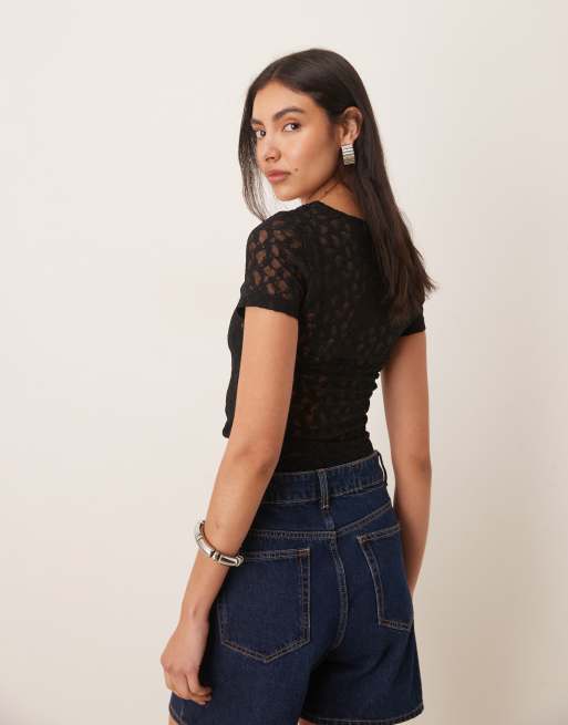 ASOS DESIGN lace short sleeve baby tee in black, 4 of 4