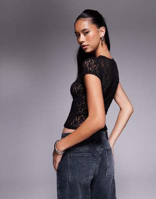 Asos Design Lace Short Sleeve Baby Tee In Black