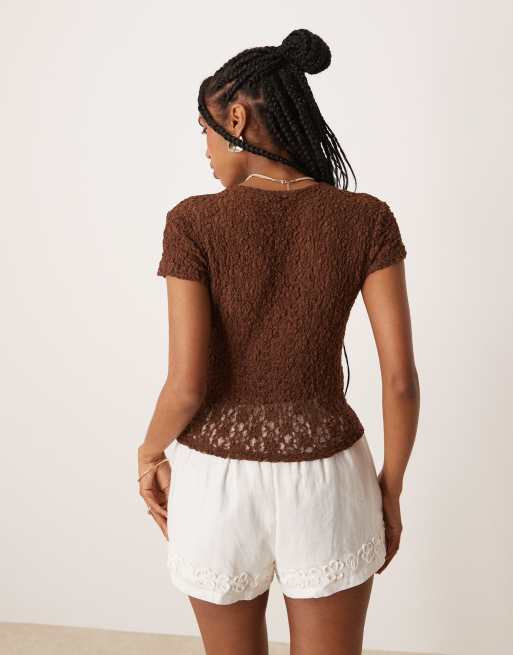 ASOS DESIGN lace short sleeve baby tee in brown, 4 of 4
