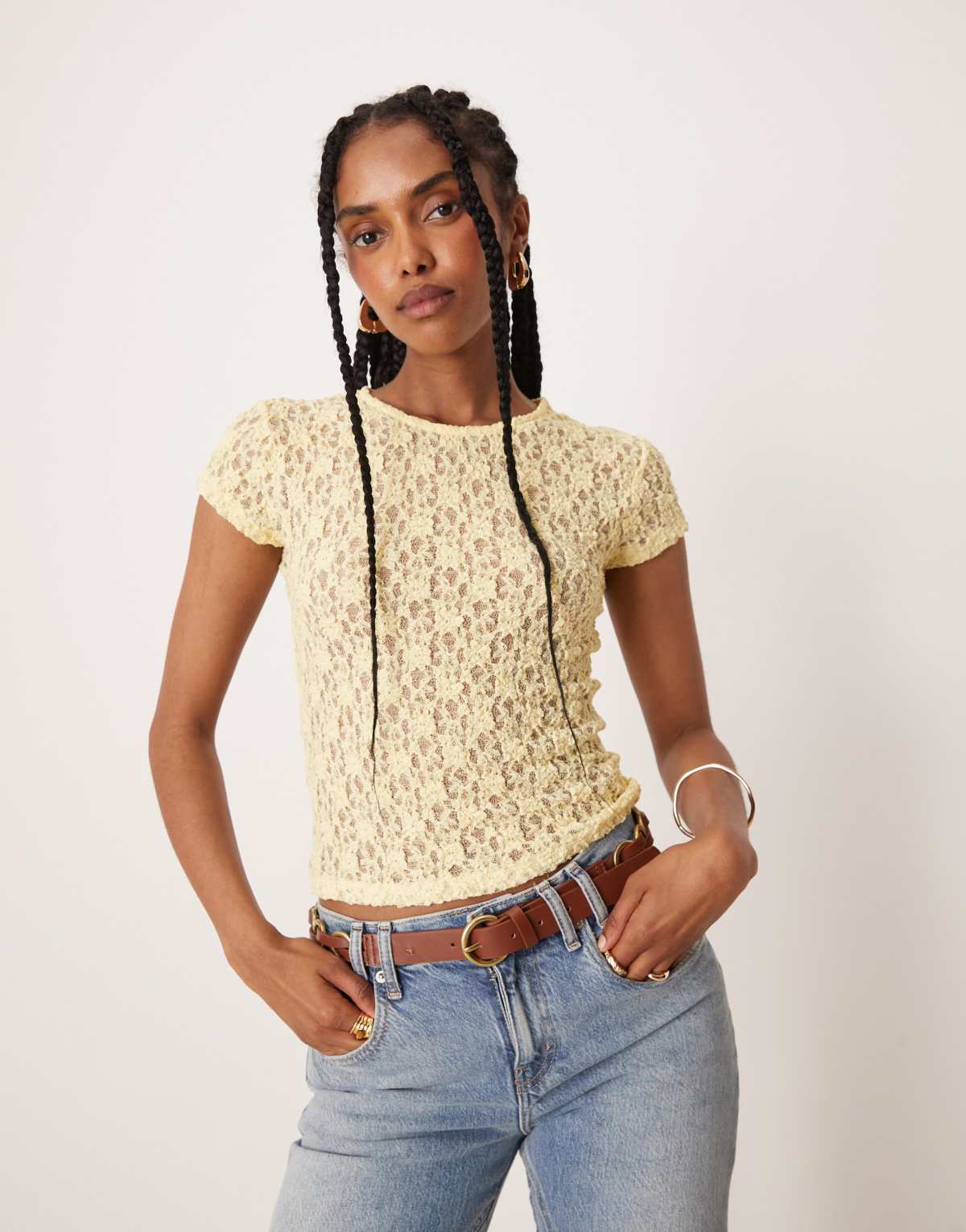 ASOS DESIGN lace short sleeve baby tee in pastel yellow