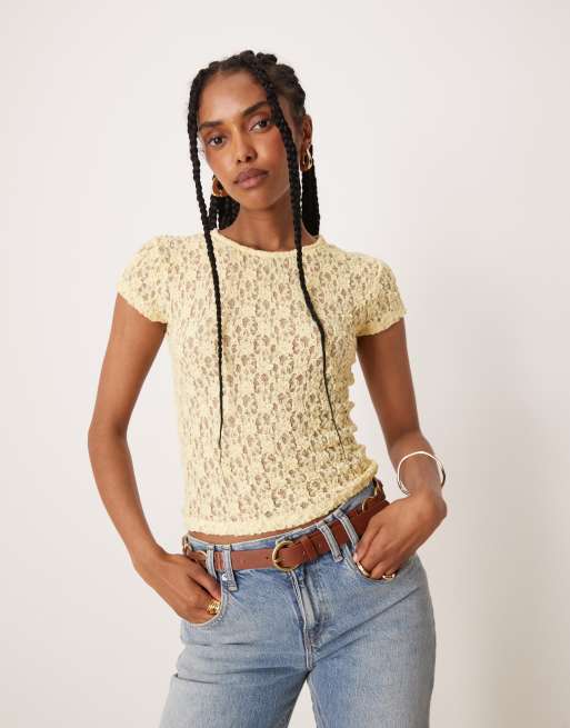 ASOS DESIGN lace short sleeve baby tee in pastel yellow