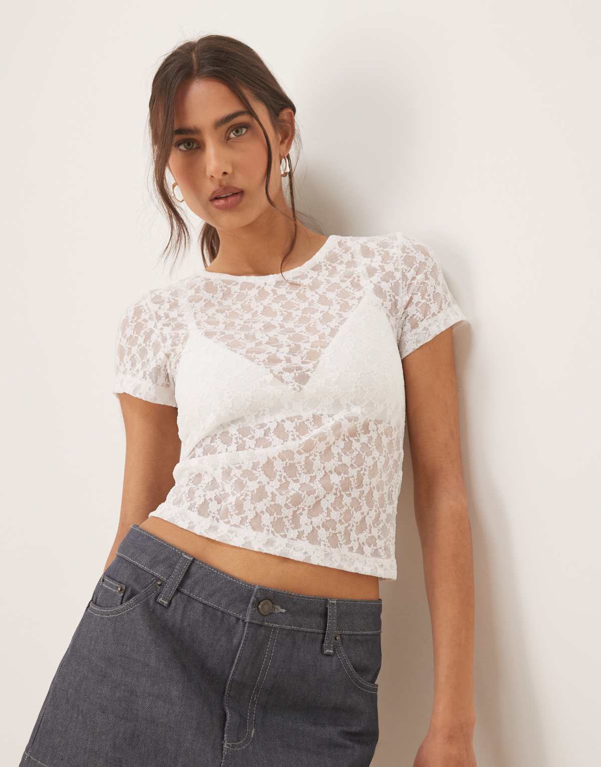 ASOS DESIGN lace short sleeve baby tee in white