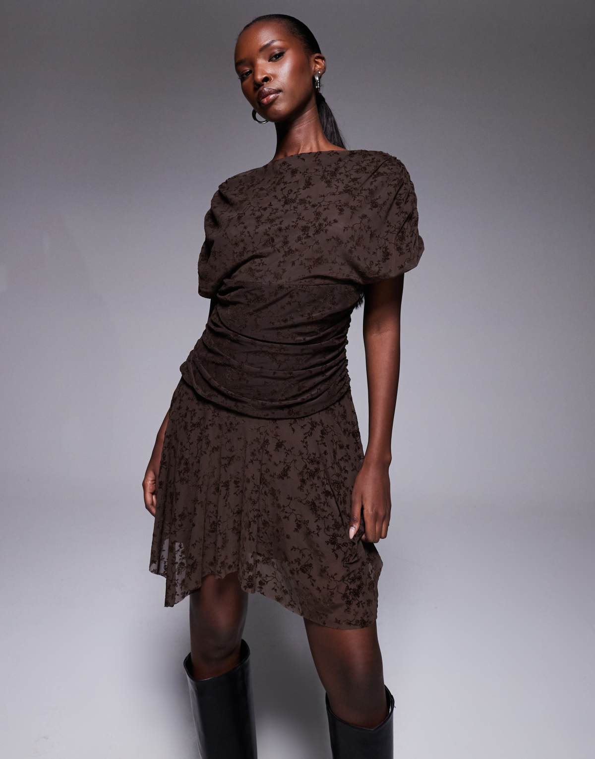 ASOS DESIGN lace short sleeve drapey mini dress in chocolate
