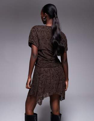 Asos Design Lace Short Sleeve Drapey Mini Dress In Brown