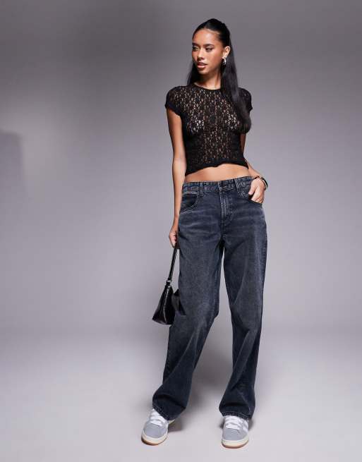 ASOS DESIGN lace short sleeve semi sheer baby tee in black