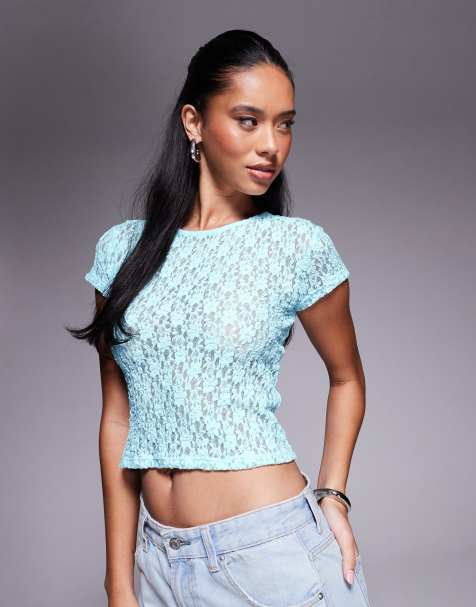 ASOS DESIGN lace short sleeve semi sheer baby tee in blue - view 1