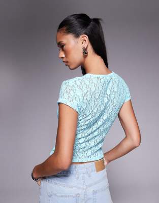 Asos Design Lace Short Sleeve Semi Sheer Baby Tee In Blue