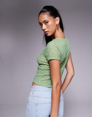 Asos Design Lace Short Sleeve Semi Sheer Baby Tee In Green