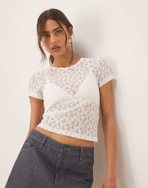 ASOS DESIGN lace short sleeve semi sheer baby tee in white - WHITE - view 1