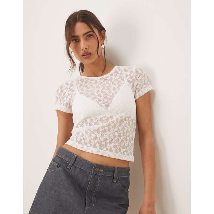 ASOS DESIGN lace short sleeve semi sheer baby tee in white | ASOS