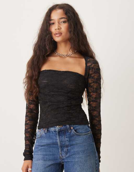 ASOS DESIGN lace shrug ruched top in white