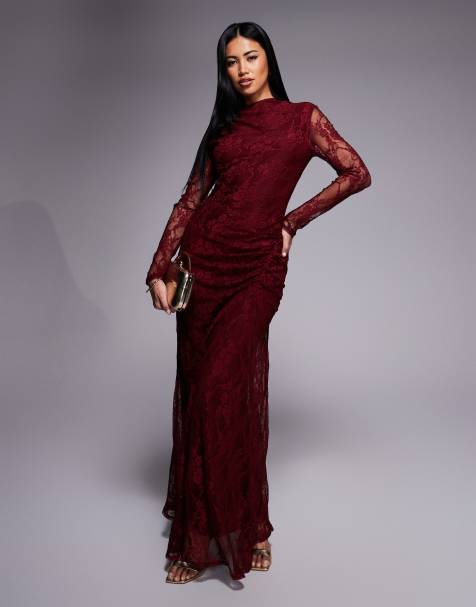 ASOS DESIGN lace slash neck long sleeve maxi dress with gauged side seams in burgundy - view 1