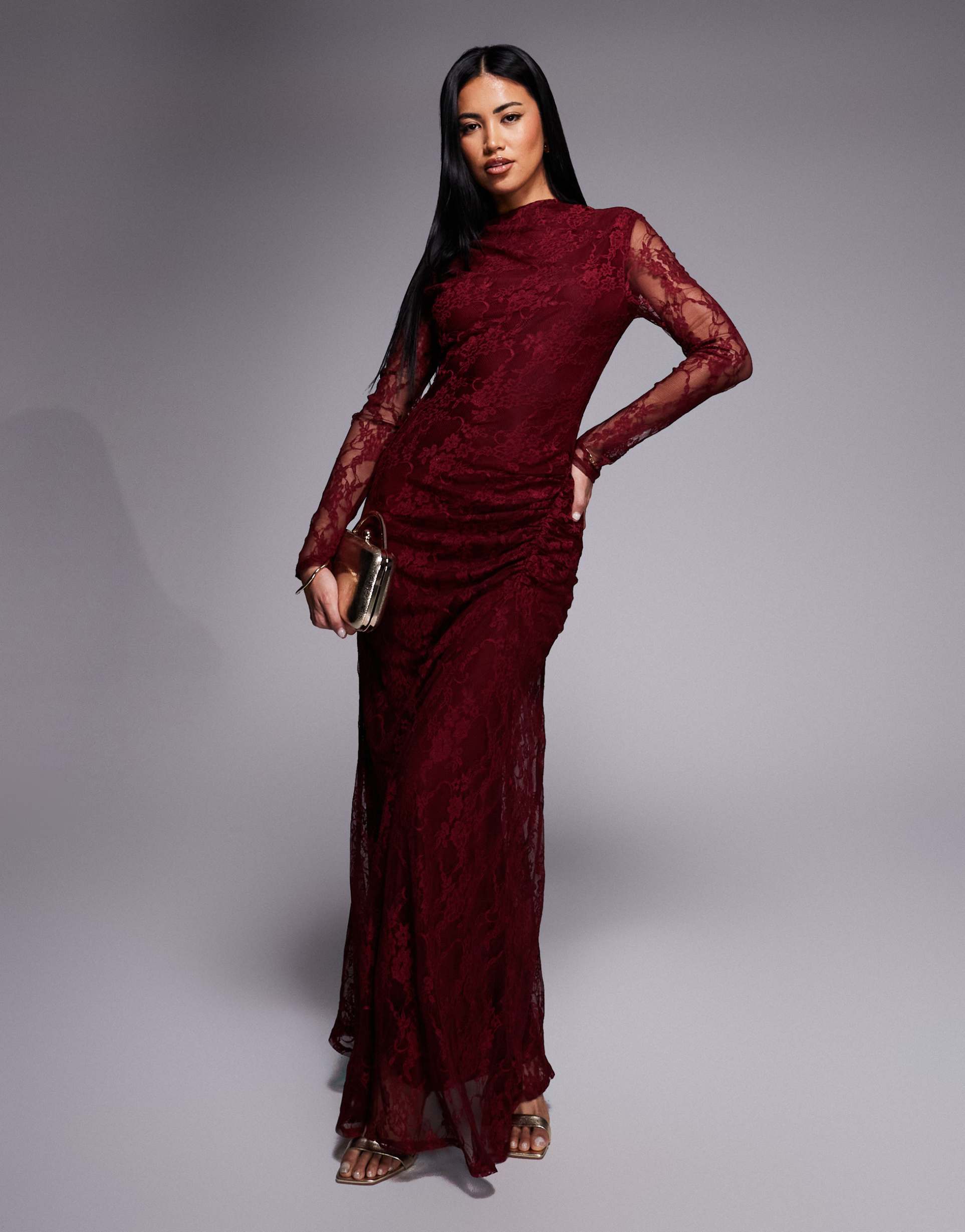 asos design lace slash neck long sleeve maxi dress with gauged side seams in burgundy