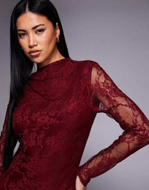 burgundy lace long sleeve maxi dress Burgundy Boho Lace Maxi Dress, Sheer V Neck Dress, Elegant Wedding Guest Dress, Bridesmaid Dress, Beach Maxi Dress