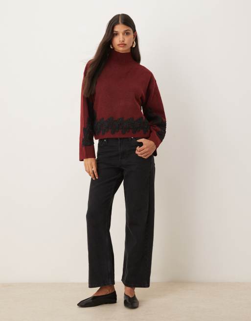 ASOS DESIGN lace sleeve and waist placement funnel neck jumper in plum, 2 of 4
