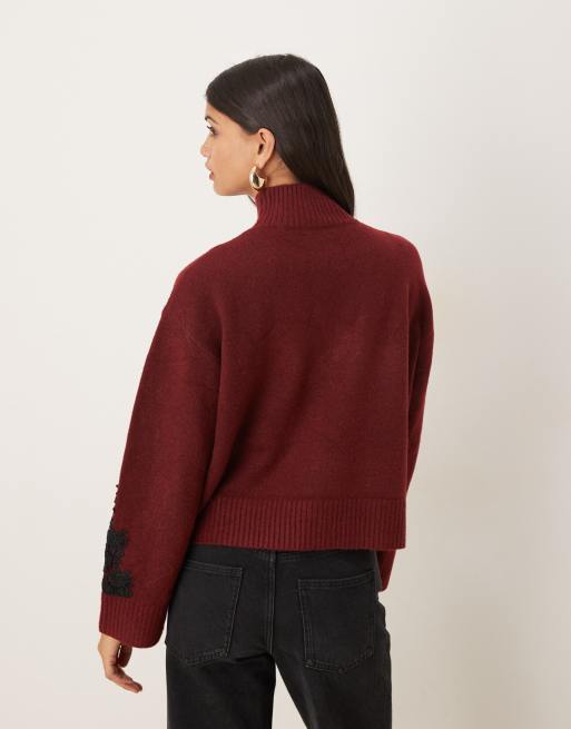 ASOS DESIGN lace sleeve and waist placement funnel neck jumper in plum, 4 of 4