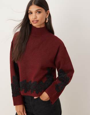 Asos Design Lace Sleeve And Waist Placement Funnel Neck Sweater In Brown