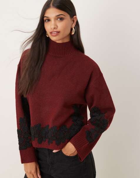 ASOS DESIGN lace sleeve and waist placement funnel neck sweater in plum - view 1