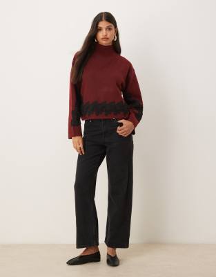 Asos Design Lace Sleeve And Waist Placement Funnel Neck Sweater In Brown