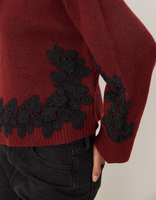 ASOS DESIGN lace sleeve and waist placement funnel neck sweater in plum, 3 of 4