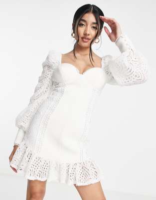 Asos Design Lace Sleeve Bust Cup Mini Dress With Pep Hem In Ivory-white