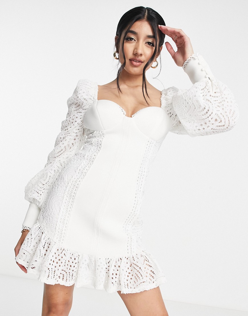 ASOS DESIGN lace sleeve bust cup mini dress with pep hem in ivory-White