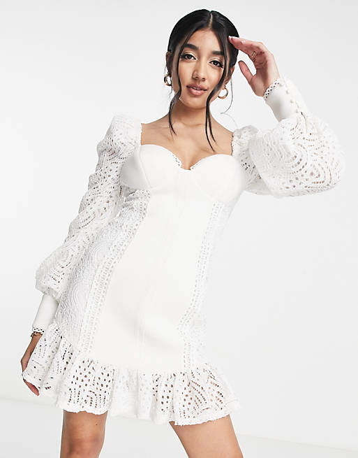 ASOS DESIGN lace sleeve bust cup mini dress with pep hem in ivory