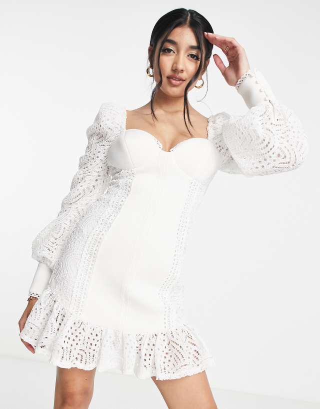 ASOS DESIGN lace sleeve bust cup mini dress with pep hem in ivory