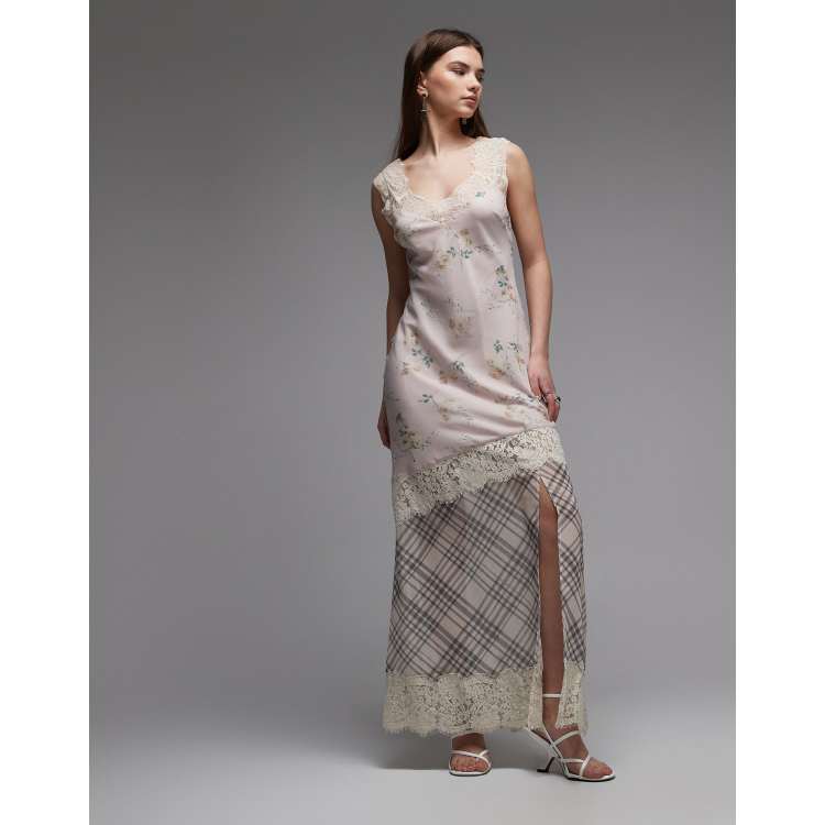 ASOS DESIGN lace sleeve detail asymmetric seam maxi dress in pink check  print | ASOS