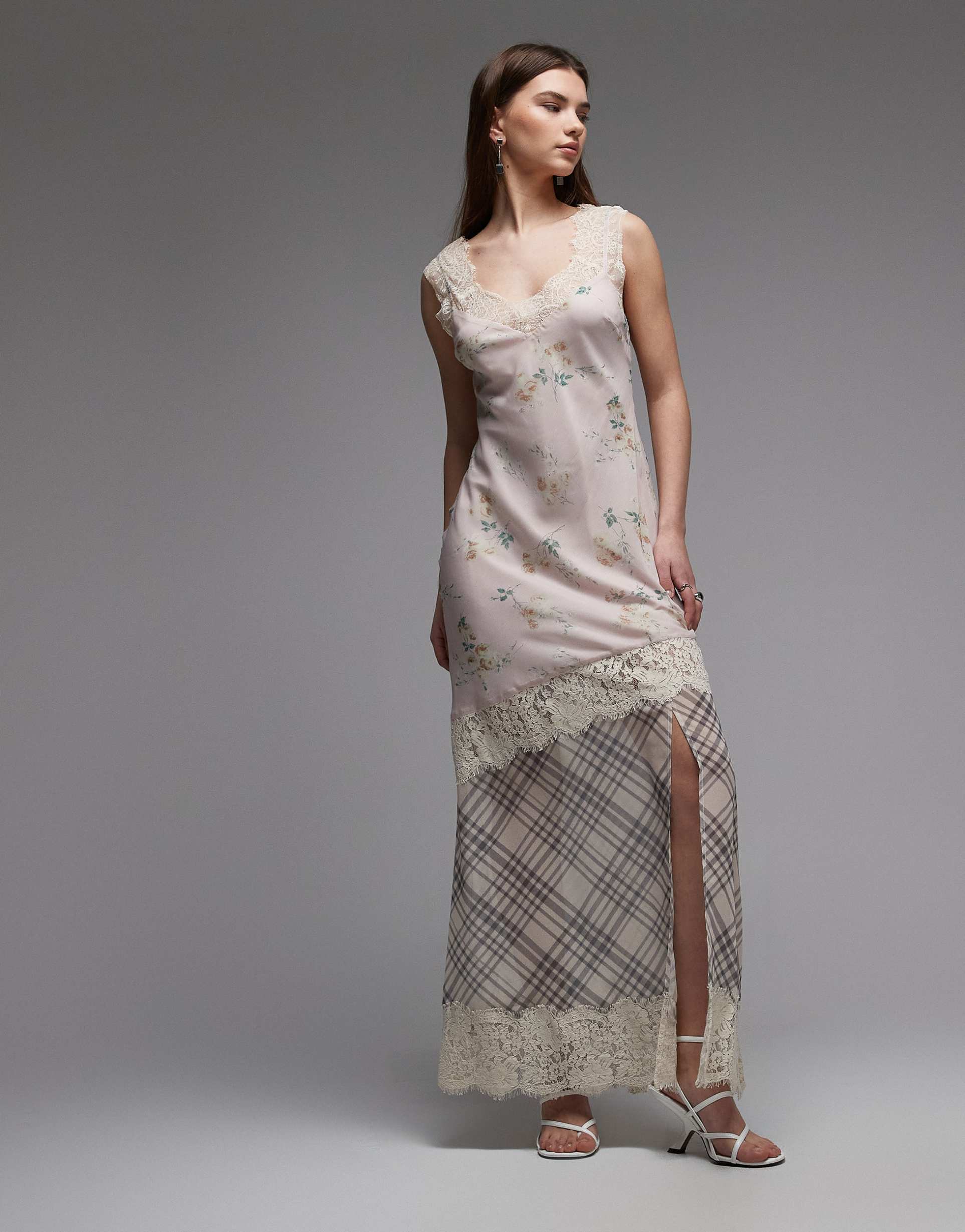 asos design lace sleeve detail asymmetric seam maxi dress in pink check print
