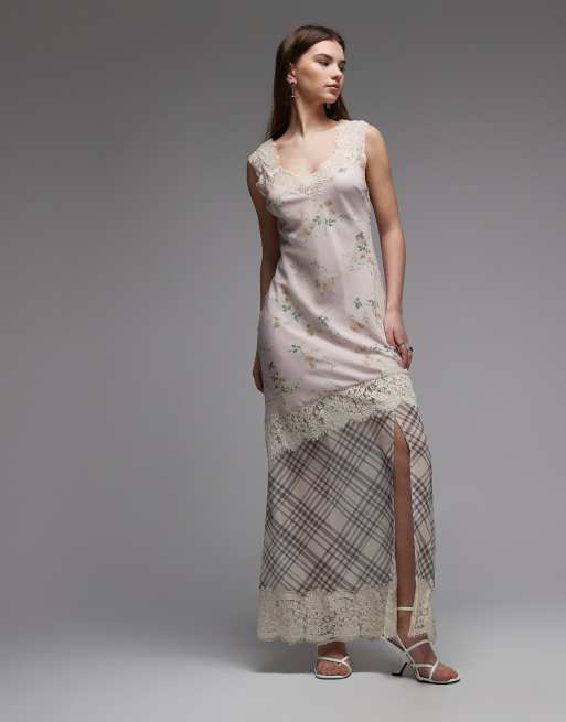 ASOS DESIGN lace sleeve detail asymmetric seam maxi dress in pink check  print | ASOS