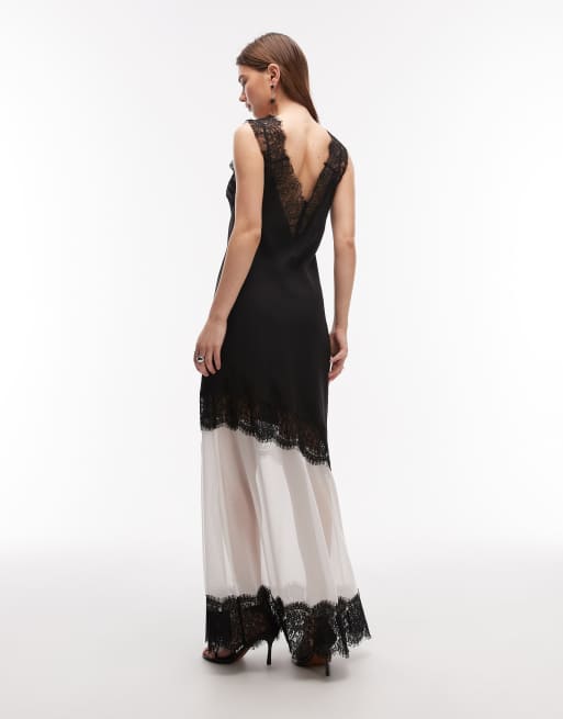 ASOS DESIGN lace sleeve detailing asymmetric seam maxi dress black and white, 2 of 4
