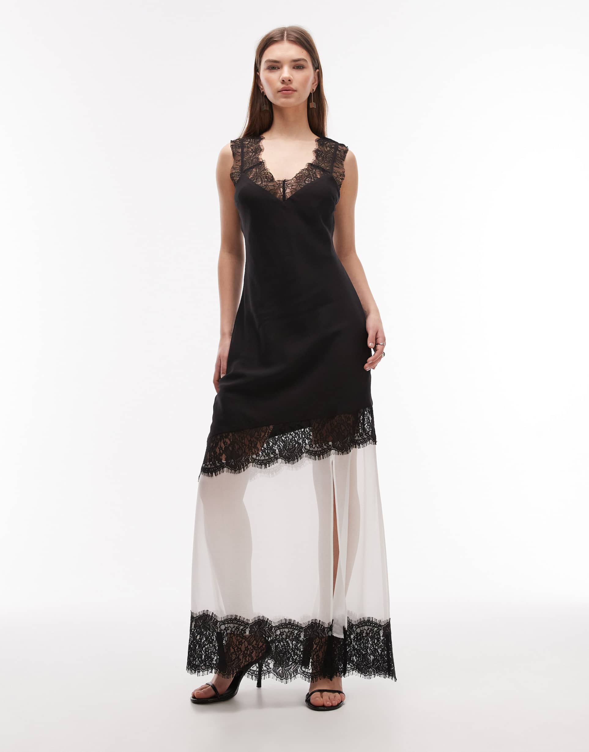 asos design lace sleeve detailing asymmetric seam maxi dress in black and white