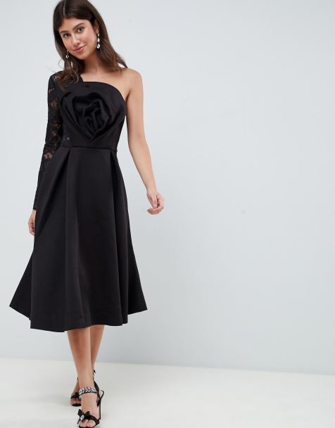 ASOS DESIGN lace sleeve one shoulder origami midi prom dress