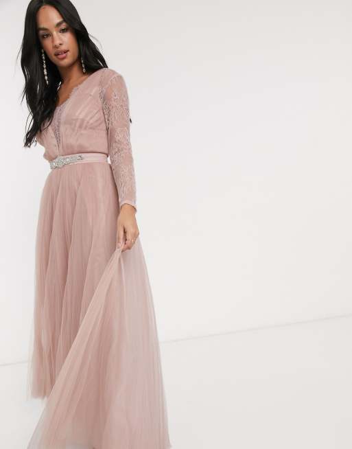 ASOS DESIGN lace sleeve plunge tulle maxi dress with embellished